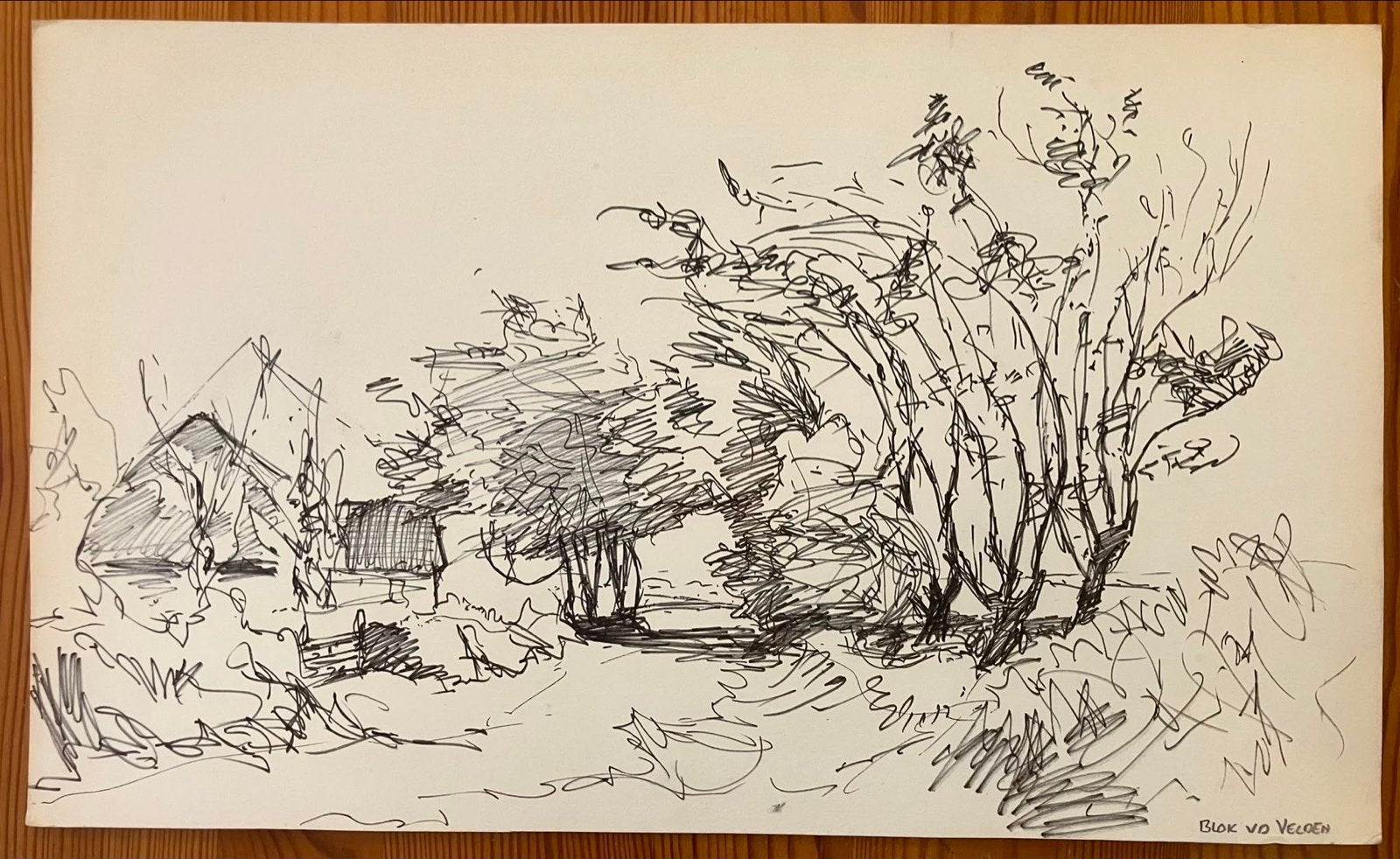 Blok van der Velden - Landschap Texel met boerderij, Ophalen, Tekening, Pentekening, Gesigneerd