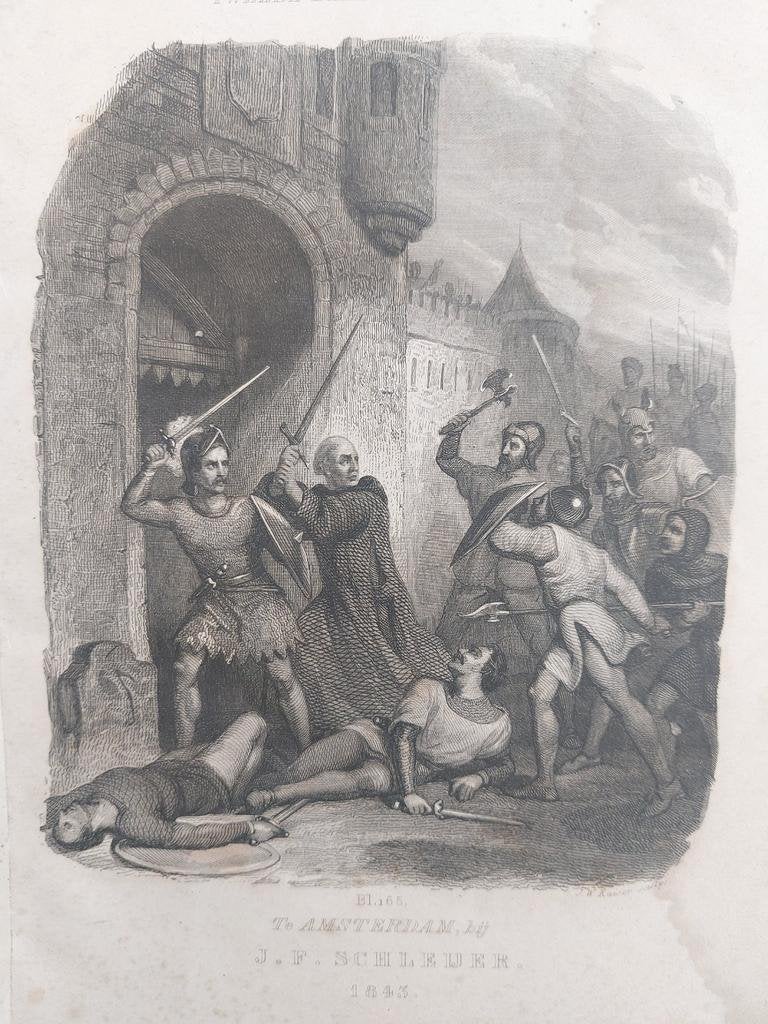 16 / Gevecht bij de poort van eeen kasteel gravure uit 1841, Ophalen of Verzenden