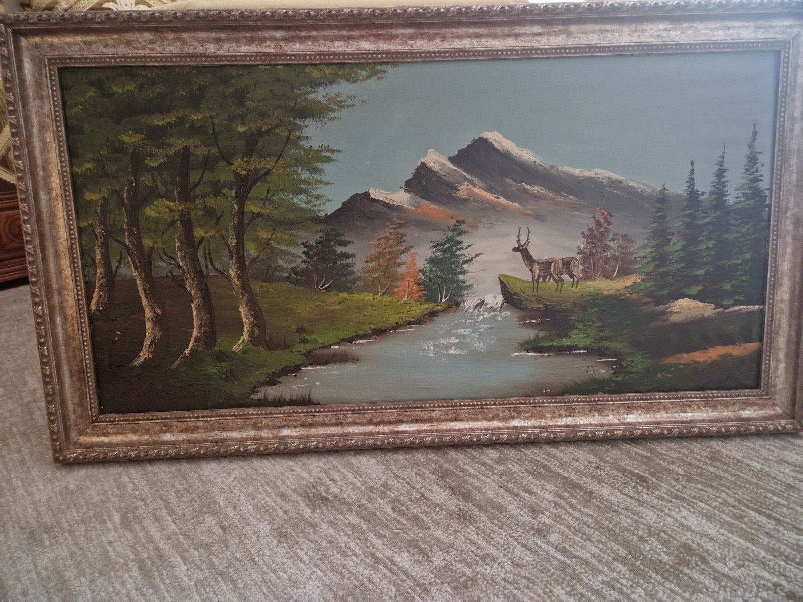 olieverf Schilderij met berglandschap en hert, Antiek en Kunst, Ingelijst, Doek, Realistisch, Ophalen of Verzenden