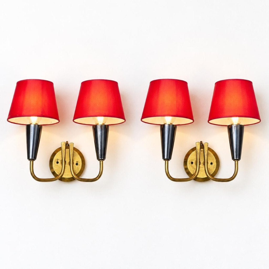 Set van 2 vintage Franse messing wandlampen - rode kapjes