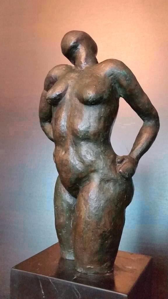Antiek Bronzen beeld torso naakte vrouw op marmeren sokkel, Ophalen of Verzenden, Brons