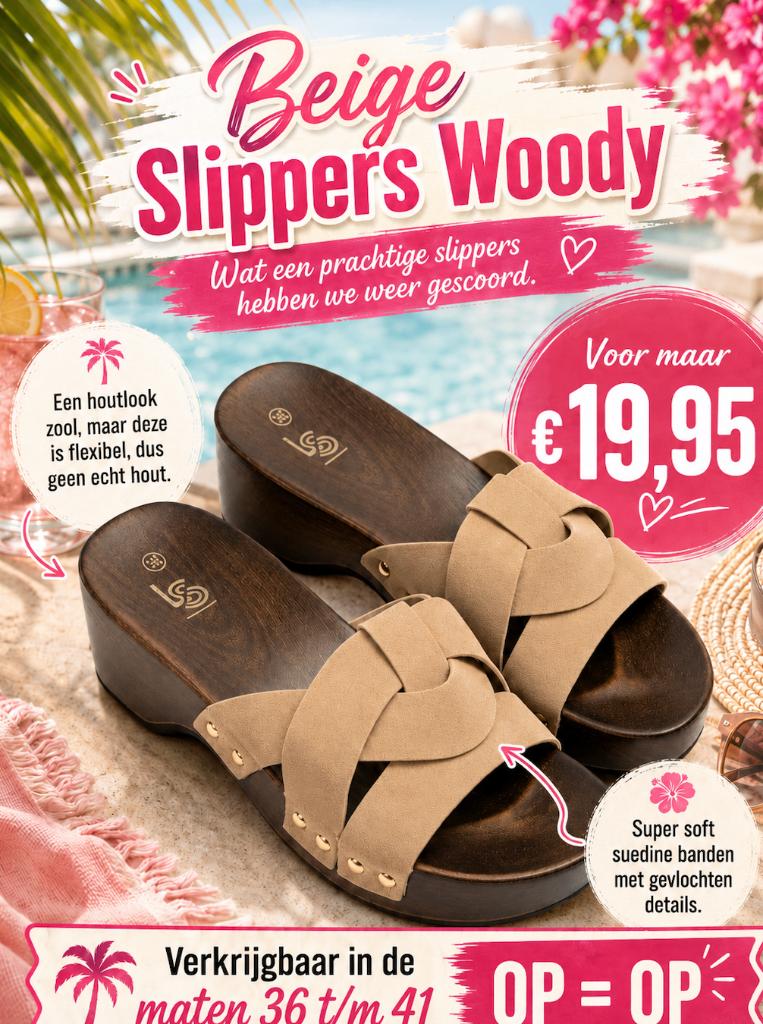 ‼️ AANBIEDING ‼️ Beige Slippers Woody Maat 41, Slippers, Bruin, Nieuw, Ophalen of Verzenden