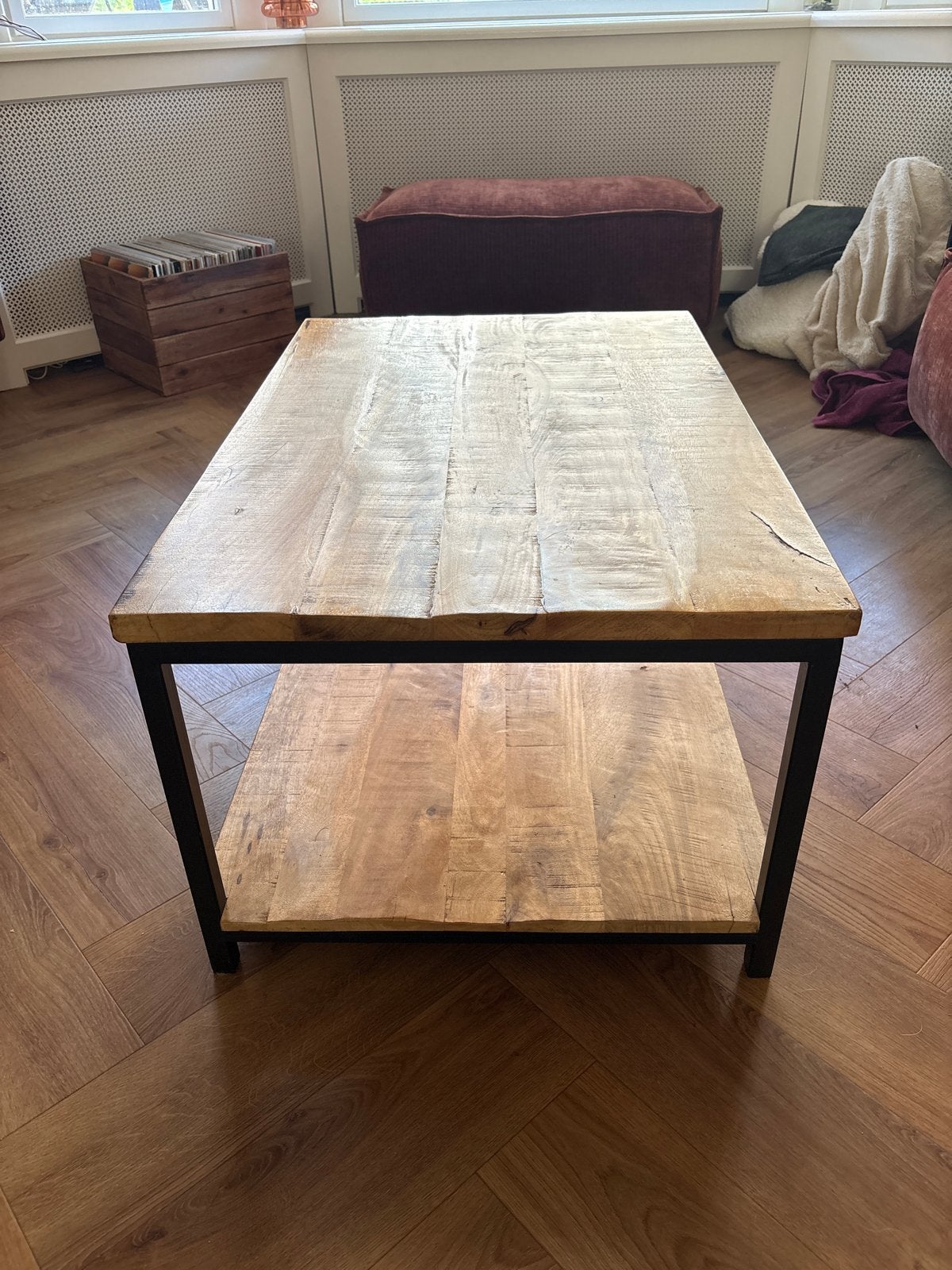 Salontafel mangohout met metalen onderstel, Ophalen, 50 – 75, Gebruikt, 50 tot 100 cm