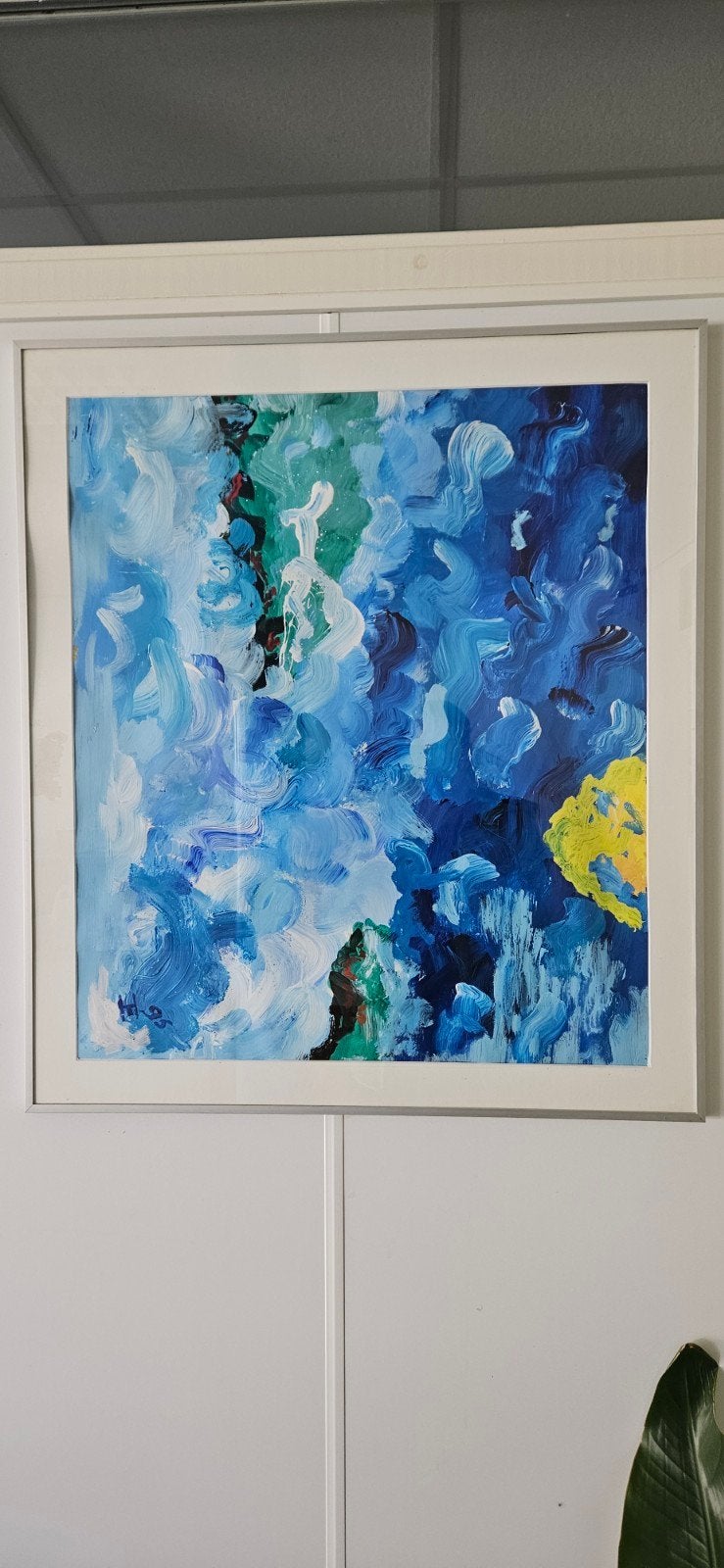 Abstracte blauwe en gele acrylverf schildering, Antiek en Kunst, Ophalen, Acrylverf, Overige materialen, Ingelijst