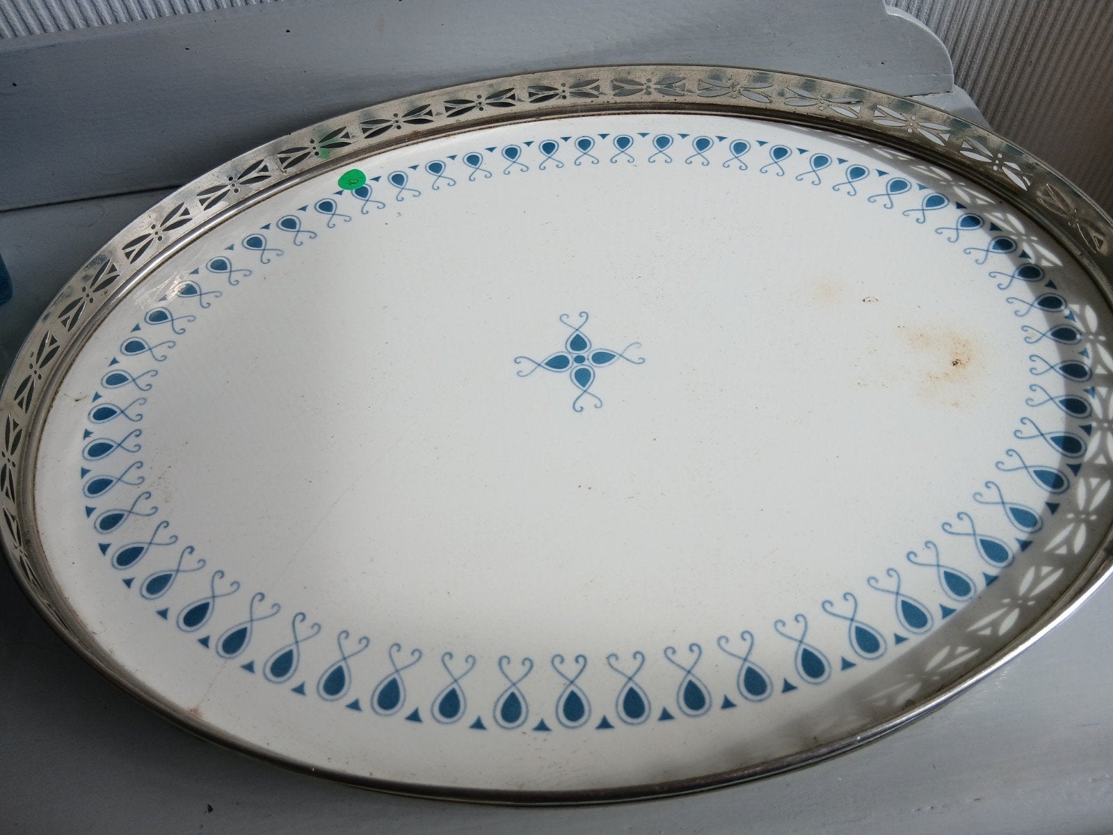 antiek ovaal dienblad met blauw decor, Antiek en Kunst, Ophalen of Verzenden