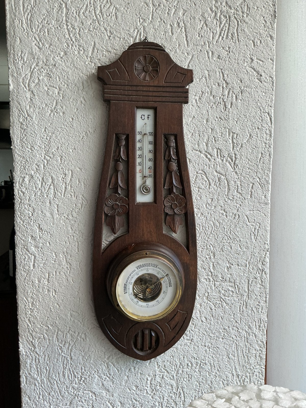 Antieke Art deco Barometer en Thermometer - Houtsnijwerk, Audio, Tv en Foto, Ophalen, Gebruikt, Weerstation