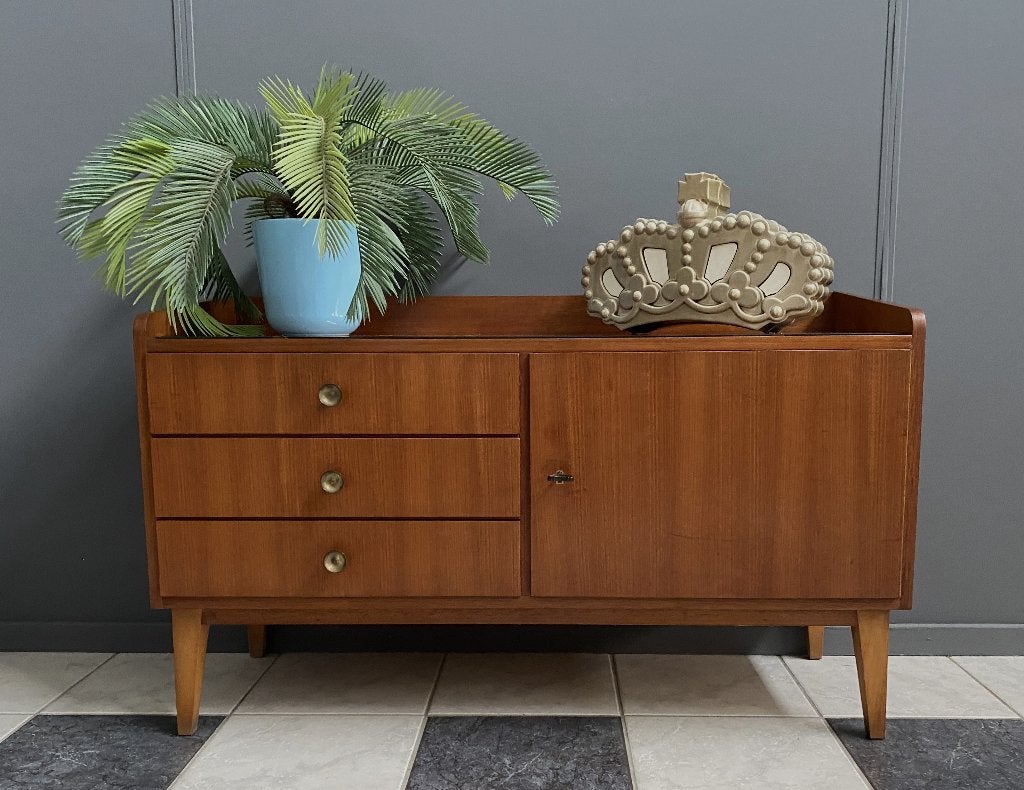 60 jaren 3 laden Laag dressoir donker hout glasplaat TV-kast, Ophalen, Gebruikt, 100 tot 150 cm, Glas