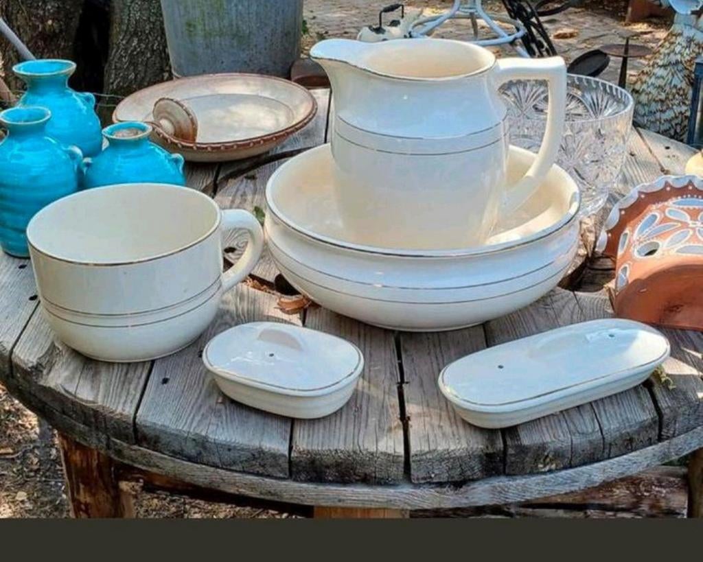 Vintage Lampetstel - Crème met Gouden Rand, Antiek en Kunst, Ophalen of Verzenden