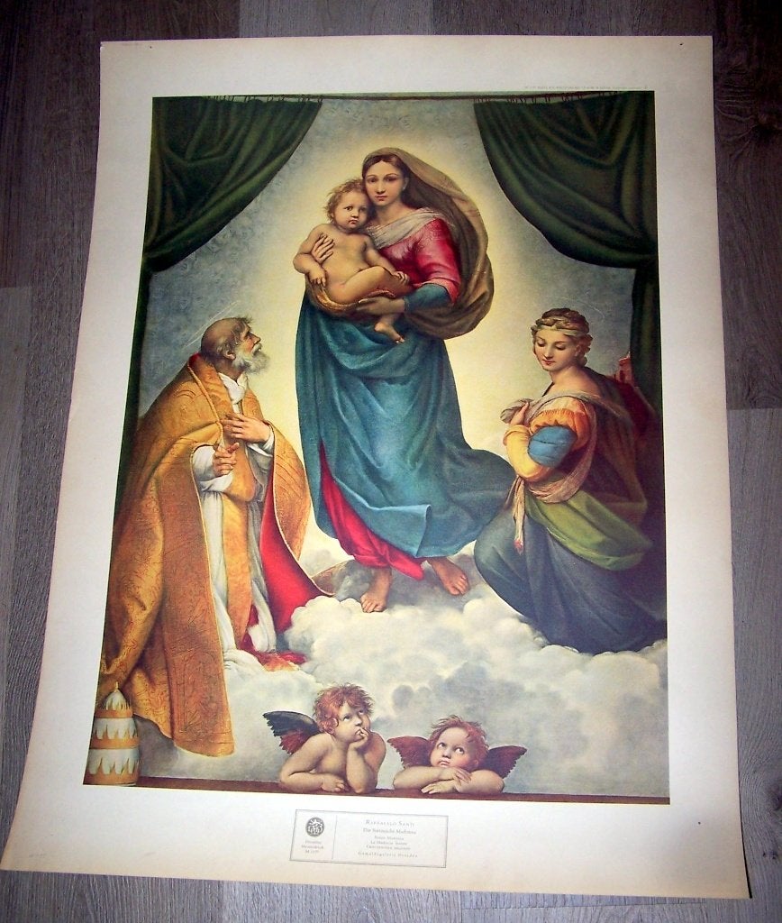 Grote reproductie op karton-De Sixtinistische Madonna. Izgs., Ophalen of Verzenden, Zo goed als nieuw, Overige typen, Christendom | Katholiek