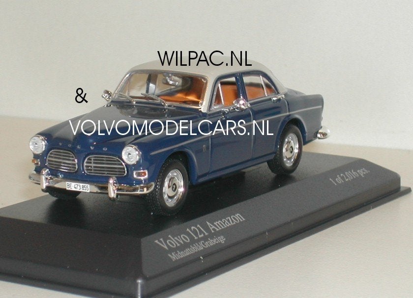 Volvo . Amazon 4 deurs blauw met wit dak 1:43 . Minichamps., Ophalen of Verzenden, Nieuw, Auto, MiniChamps