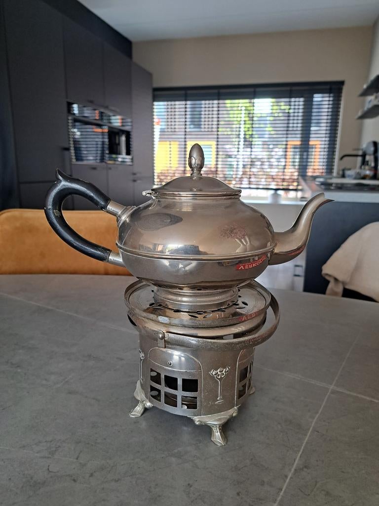 Antieke verzilverde theepot met theelicht, Antiek en Kunst, Ophalen of Verzenden