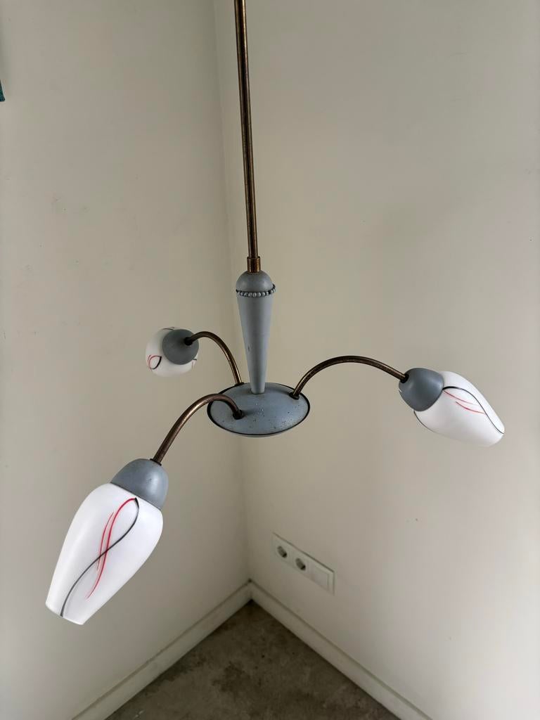Vintage Jaren '50 Hanglamp Kroonluchter met Glazen Kelken, Huis en Inrichting, Lampen | Hanglampen, Ophalen, Gebruikt, Glas, Fifties, vintage, mid century