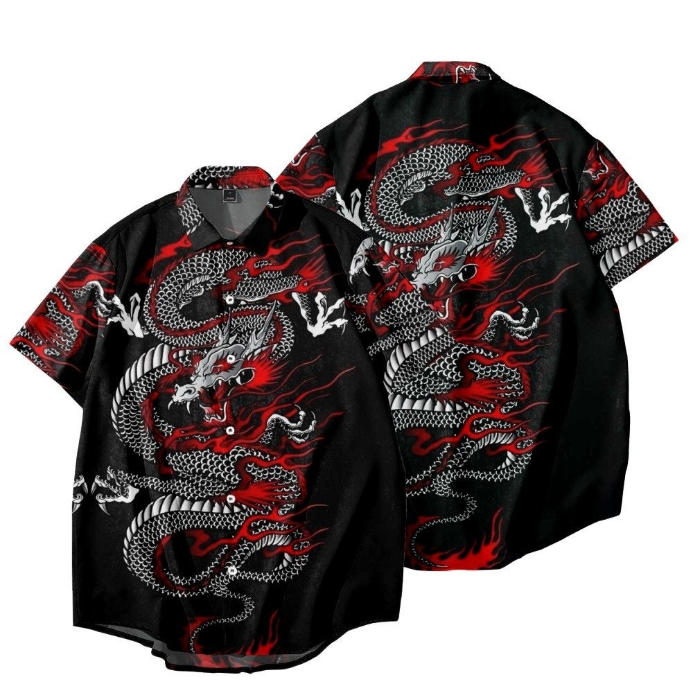 Draken overhemd 2 heren mannen eng japans zwart shirt draak, Verzenden, Nieuw, Zwart, Overige halswijdtes