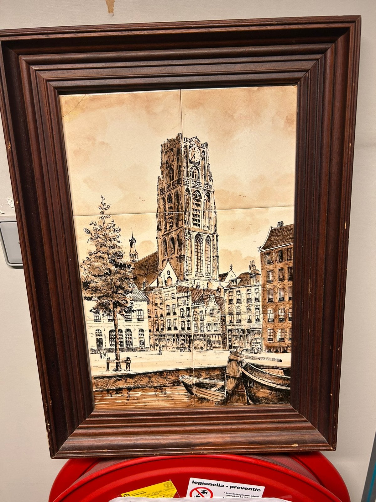 Vintage Tegeltableau Grote Kerk Dordrecht in Lijst, Antiek en Kunst, Ophalen