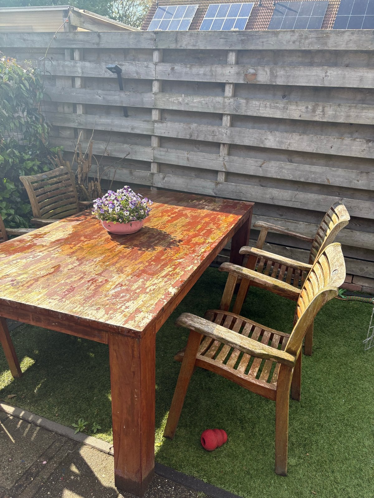 Houten tuintafel & 4 Hartman Prestige stoelen, Ophalen, Gebruikt, Rechthoekig, Hout
