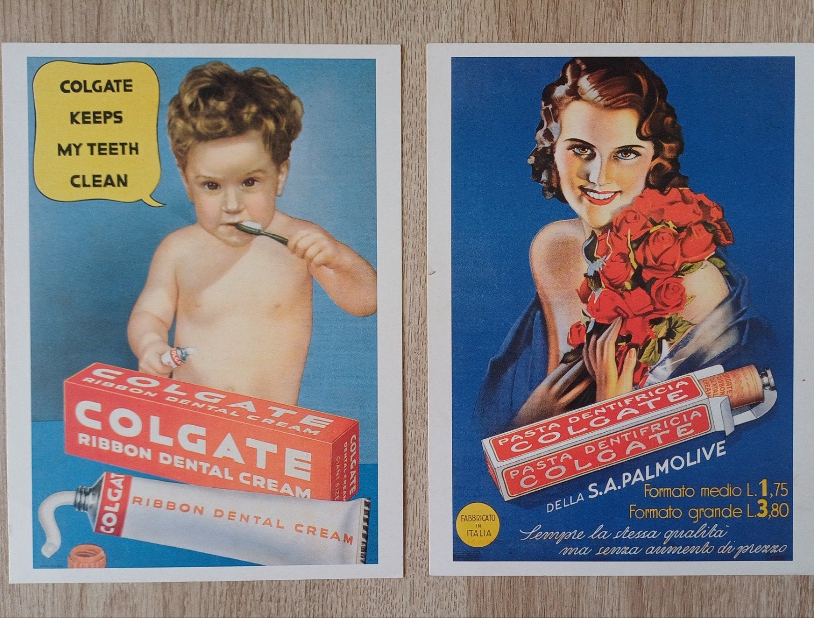 2 Vintage Colgate reclamekaarten - Tandpasta advertenties, Verzamelen, Ophalen of Verzenden, 1940 tot 1960, Ongelopen, Overige thema's