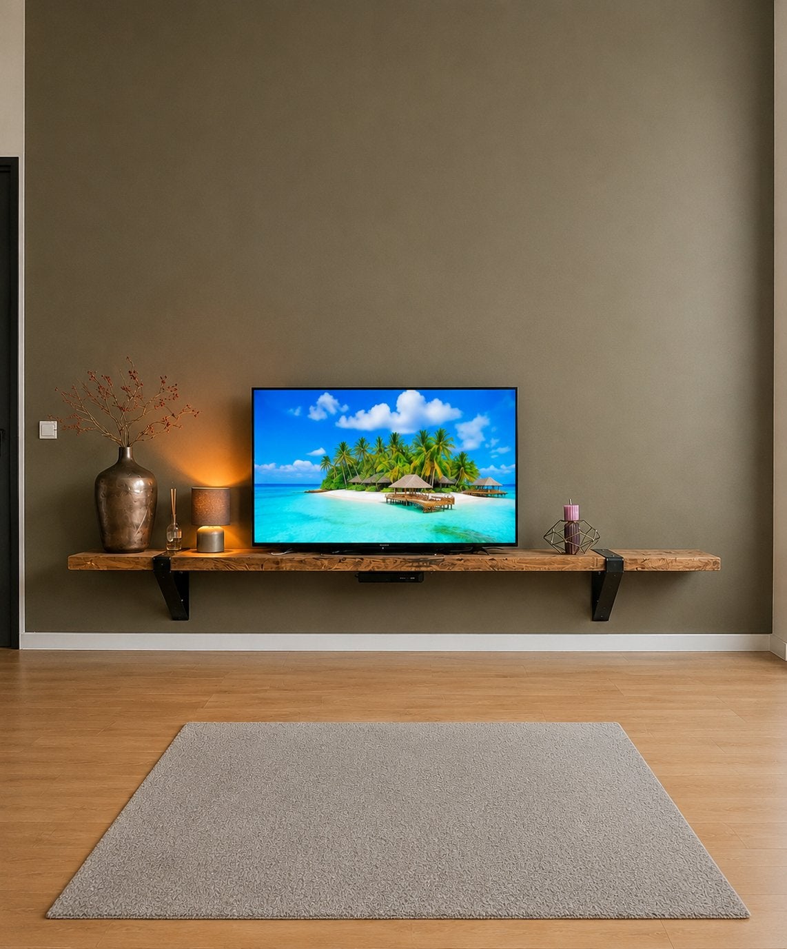 Robuust houten tv-meubel met metalen beugels, Ophalen, Gebruikt, 200 cm of meer, Minder dan 100 cm