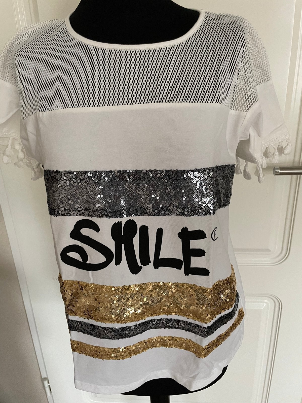 CRISTINAEFFE T-shirt met pailletten, Maat 38/40 (M), Wit, Ophalen of Verzenden, Zo goed als nieuw