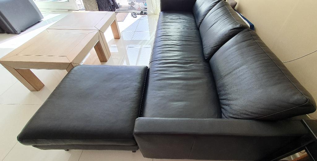 Slimm Inside zwarte leren 4-zits bank + hocker, Ophalen, Minder dan 75 cm, Leer, Zo goed als nieuw