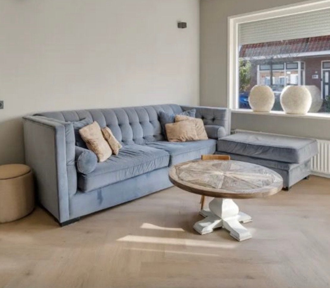 Stijlvolle blauwe stoffen hoekbank met chaise longue, Ophalen, 250 tot 300 cm, 100 tot 125 cm, Hoekbank