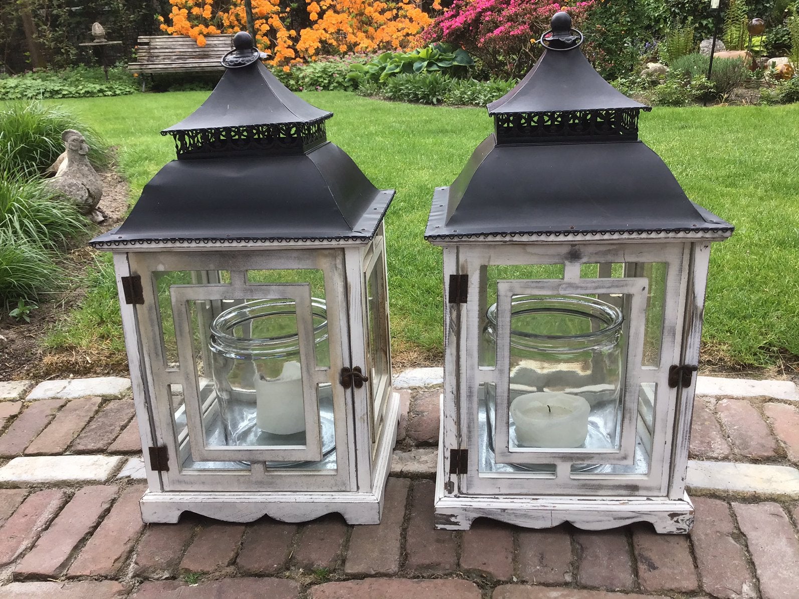 2 grote windlichten - hout/glas/metaal + inhoud, Ophalen of Verzenden, Zo goed als nieuw, Glas