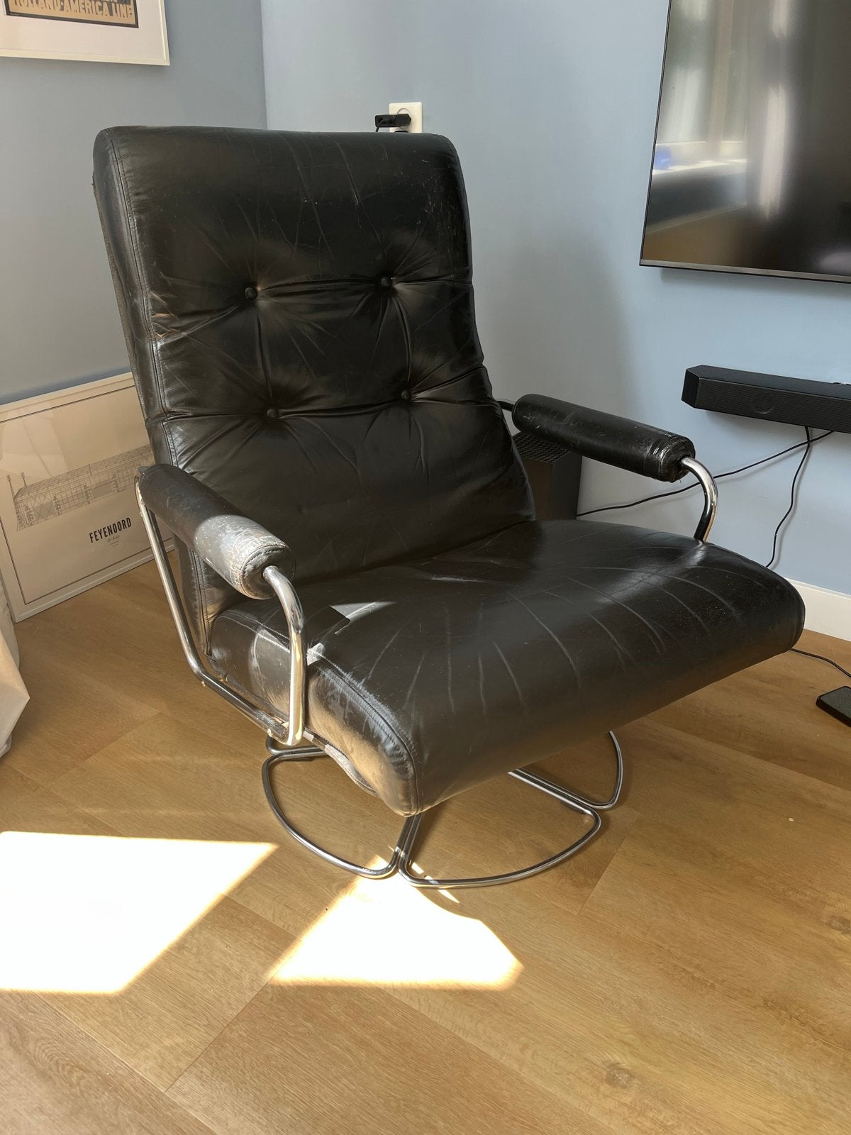 Origineel Jan des Bouvrie fauteuil voor Gelderland, Gebruikt, Zwart, Leer, Ophalen of Verzenden