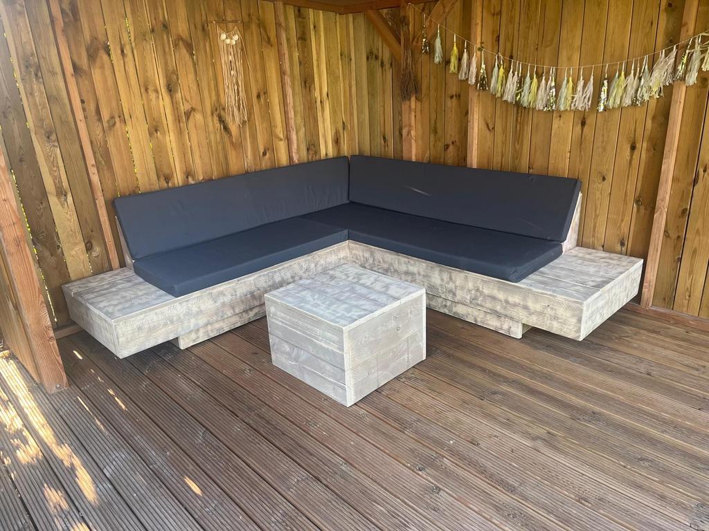 Steigerhouten hoekbank loungebank loungeset gratis hocker, Tuin en Terras, Tuinsets en Loungesets, Ophalen of Verzenden, Zo goed als nieuw