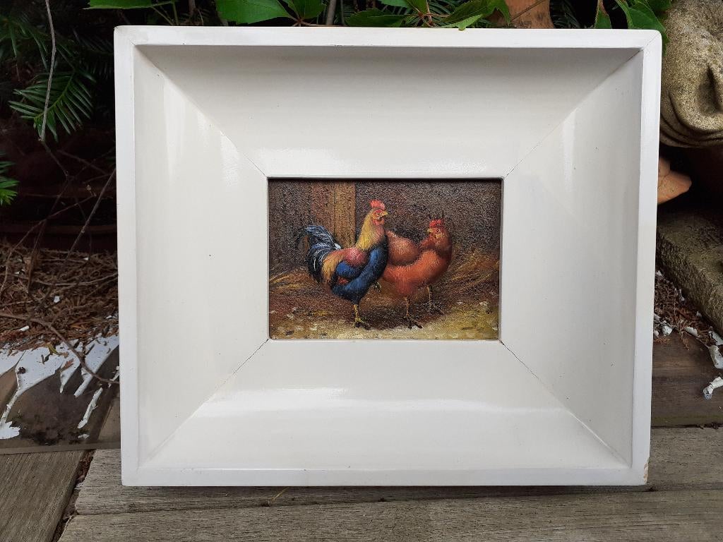 Olieverf/Paneel Schilderij "Haan en Kip" in Sierlijst, Ophalen of Verzenden