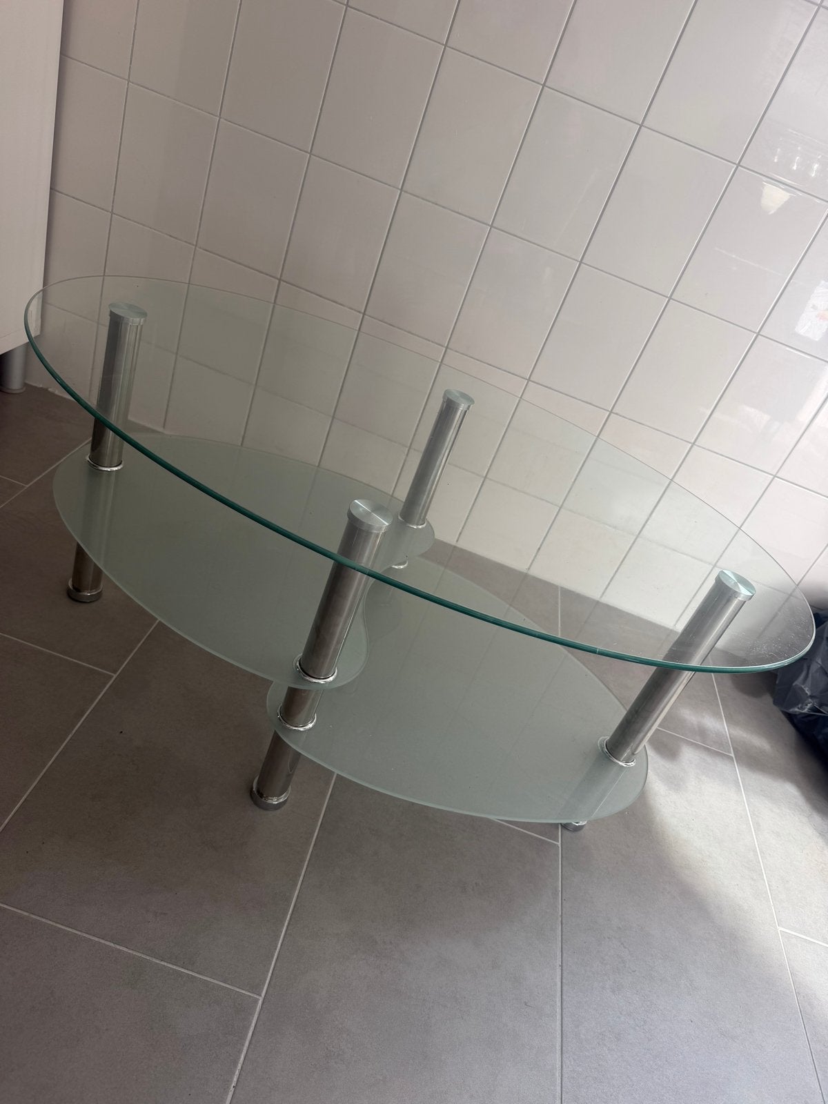 Glazen salontafel met metalen poten, Ophalen, Zo goed als nieuw, Ovaal, Glas