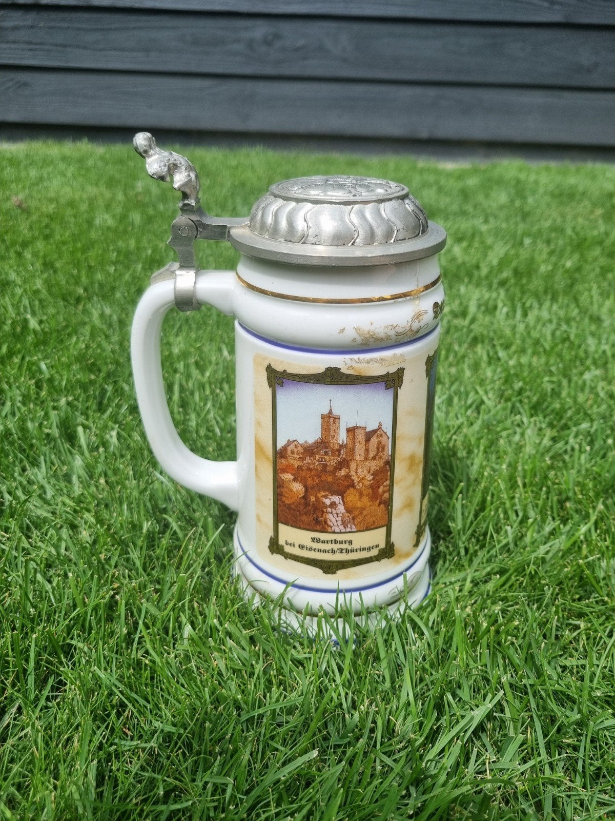 Vintage Duitse Bierpul met Tin Deksel - Wartburg Motief, Antiek en Kunst, Ophalen of Verzenden