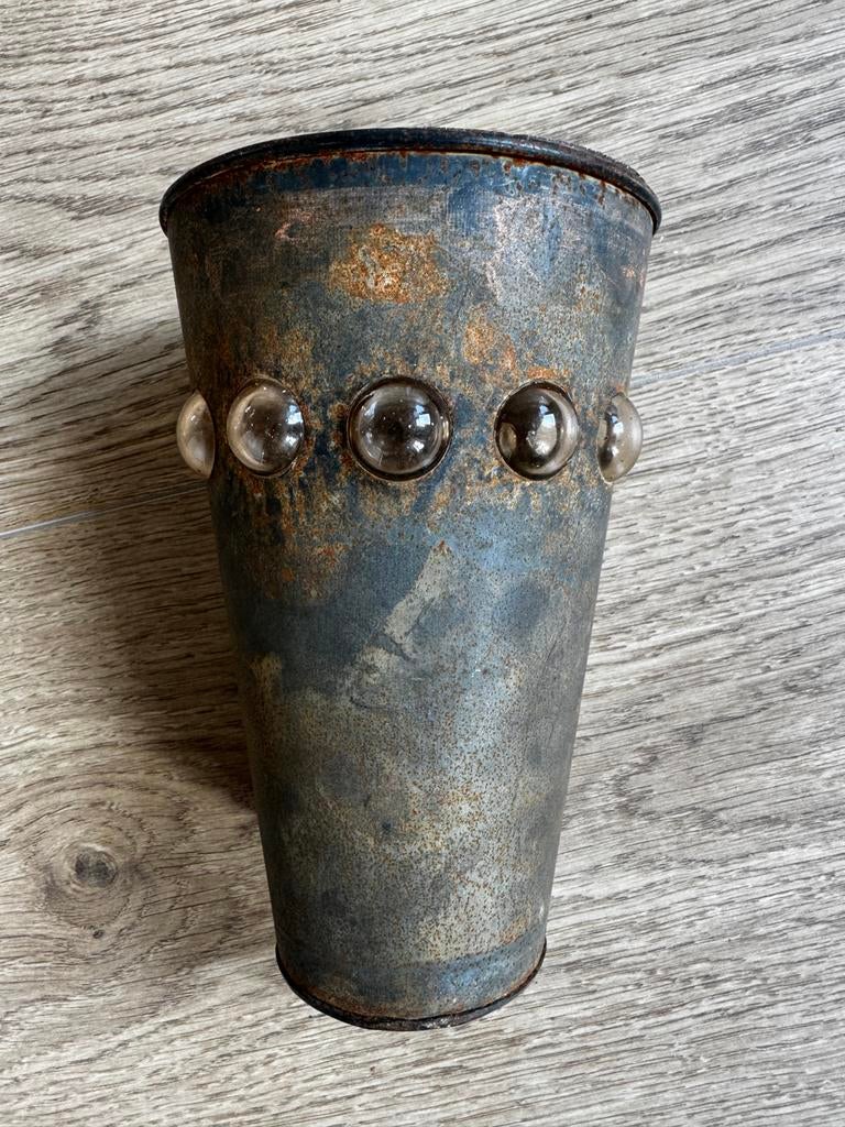 Vaas glazen binnenzijde buitenzijde staal H 20 cm, Gebruikt, Overige kleuren, Ophalen of Verzenden, Glas