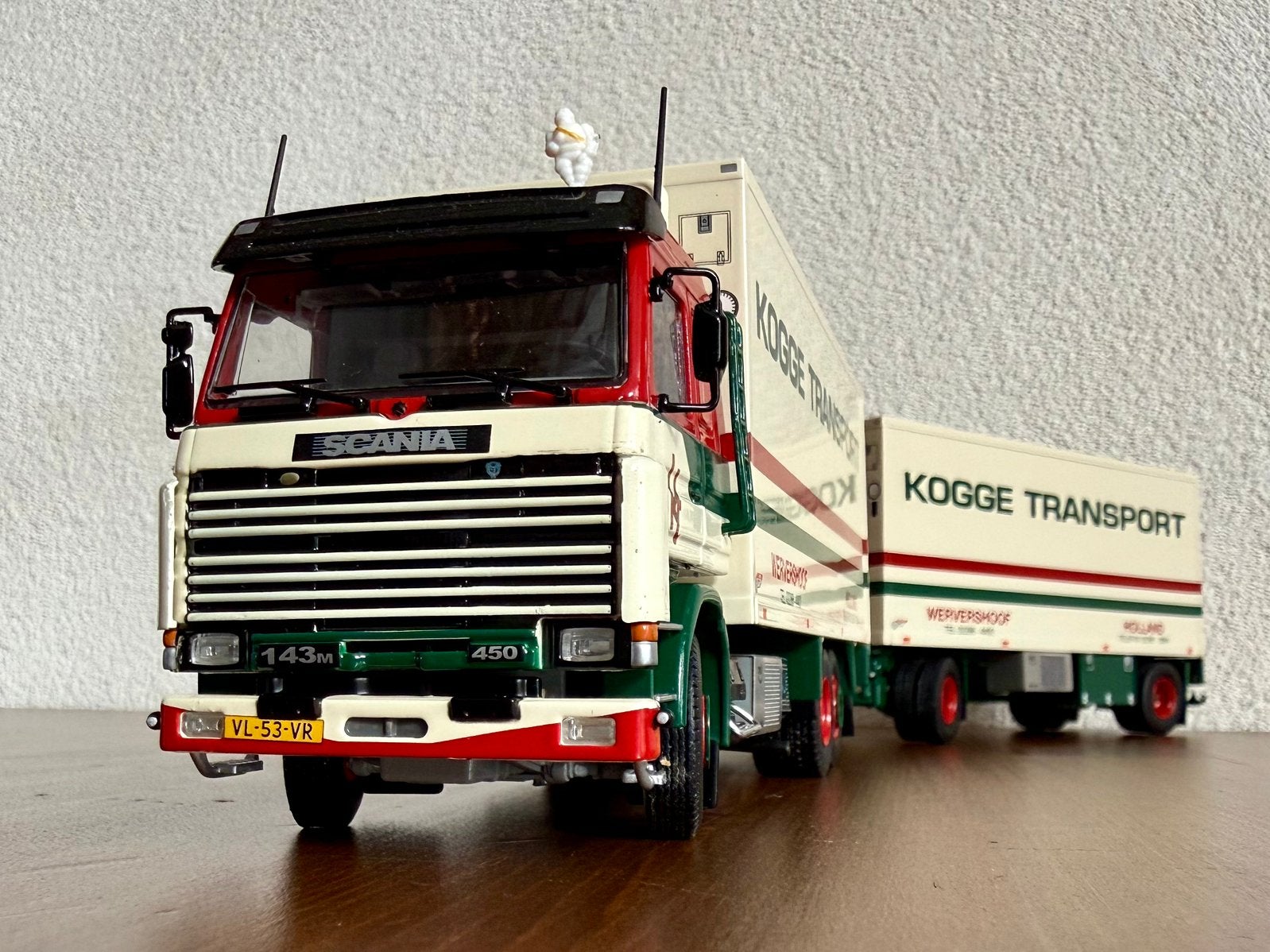 Tekno: Kogge Transport, Scania 143M, 450 in originele doos, Ophalen of Verzenden, Zo goed als nieuw, Bus of Vrachtwagen, Tekno