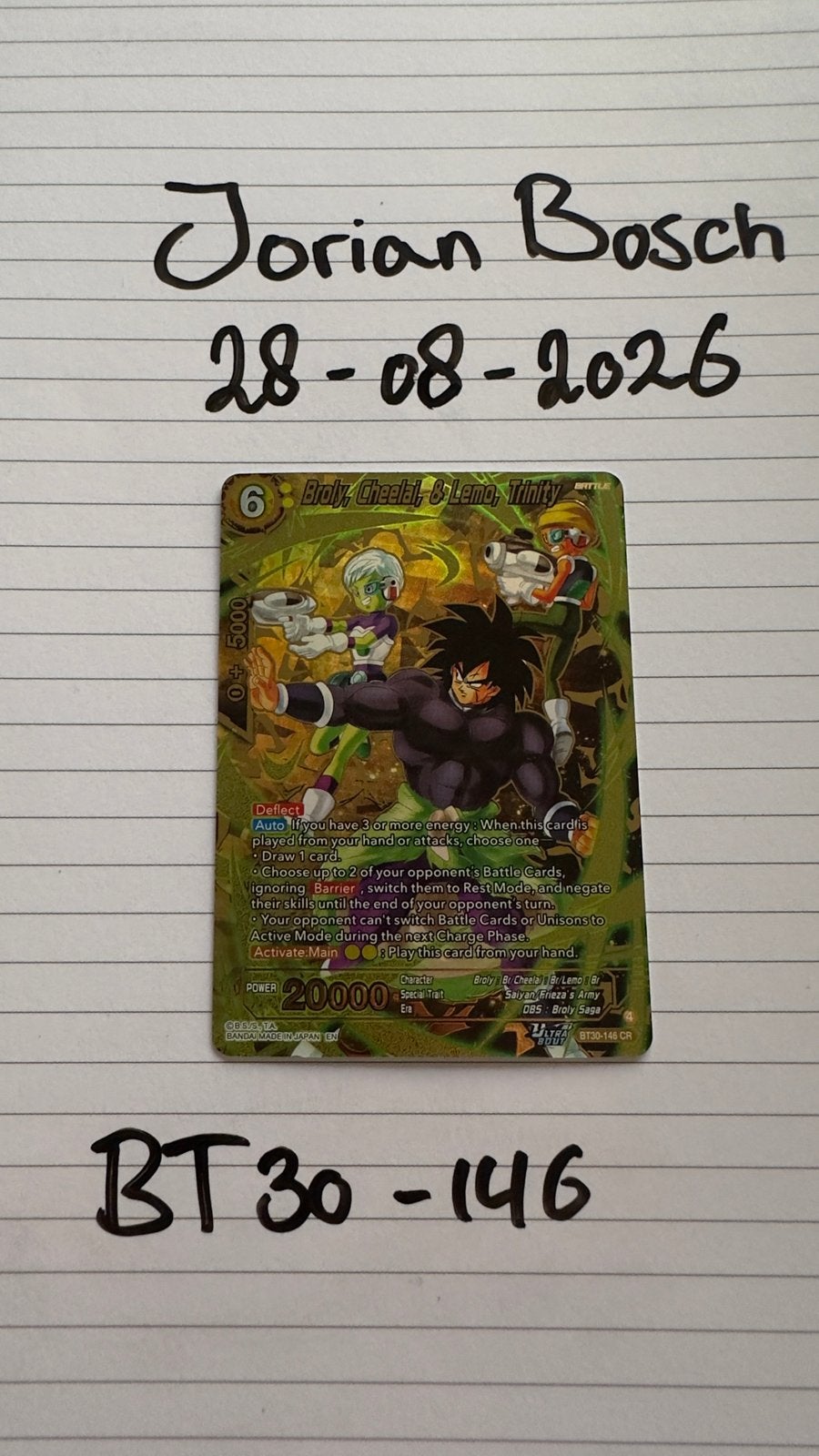 Dragon Ball Super Card Game: Broly, Cheelai & Lemo Trinity, Ophalen of Verzenden, Zo goed als nieuw