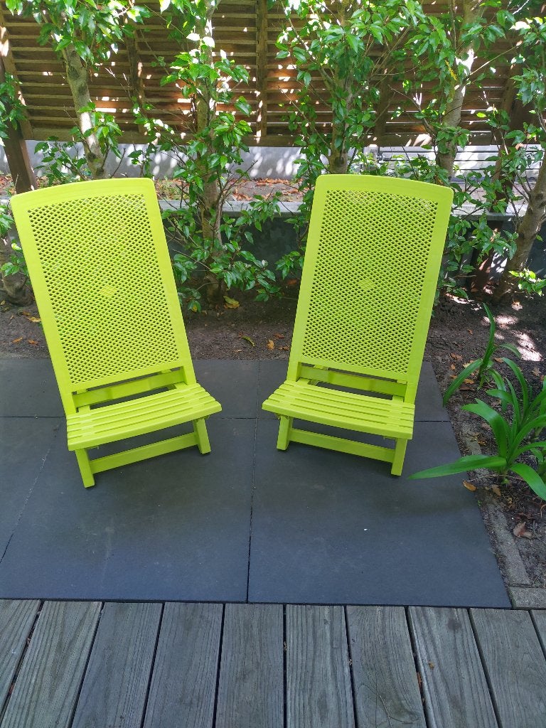 strandstoel geel groen, Tuin en Terras, Tuinstoelen, Ophalen, Zo goed als nieuw, Plastic, Inklapbaar