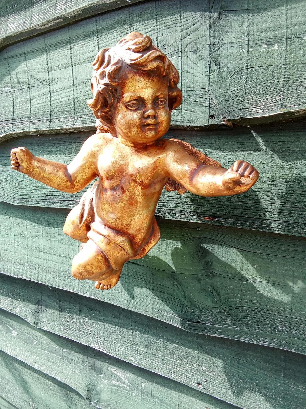Prachtige vintage grote putti / engel, Handgemaakt, Beeld, Hout, Goud