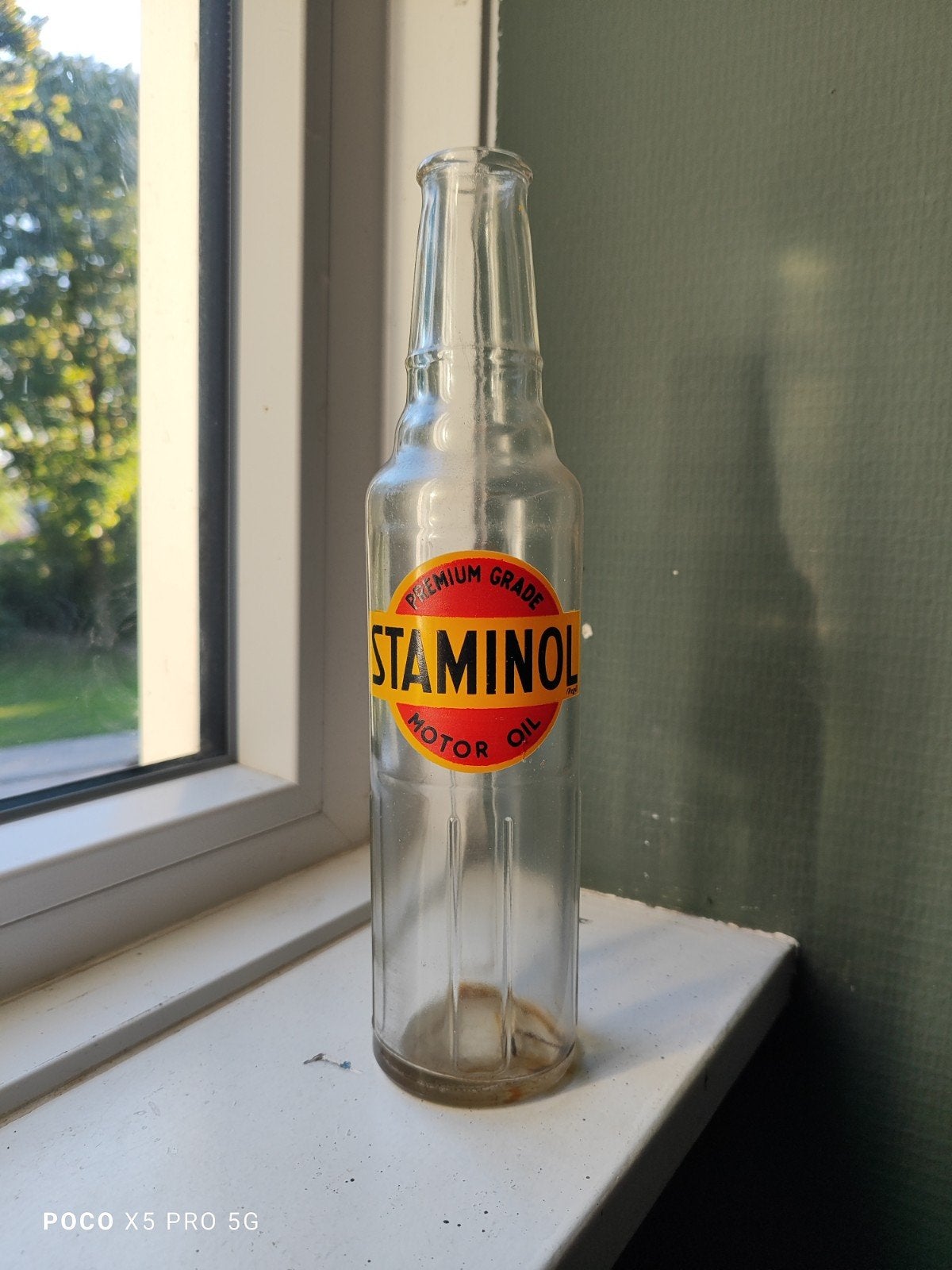 Originele glazen staminol oliefles, handgeschilderd, Verzamelen, Ophalen of Verzenden, Zo goed als nieuw, Verpakking