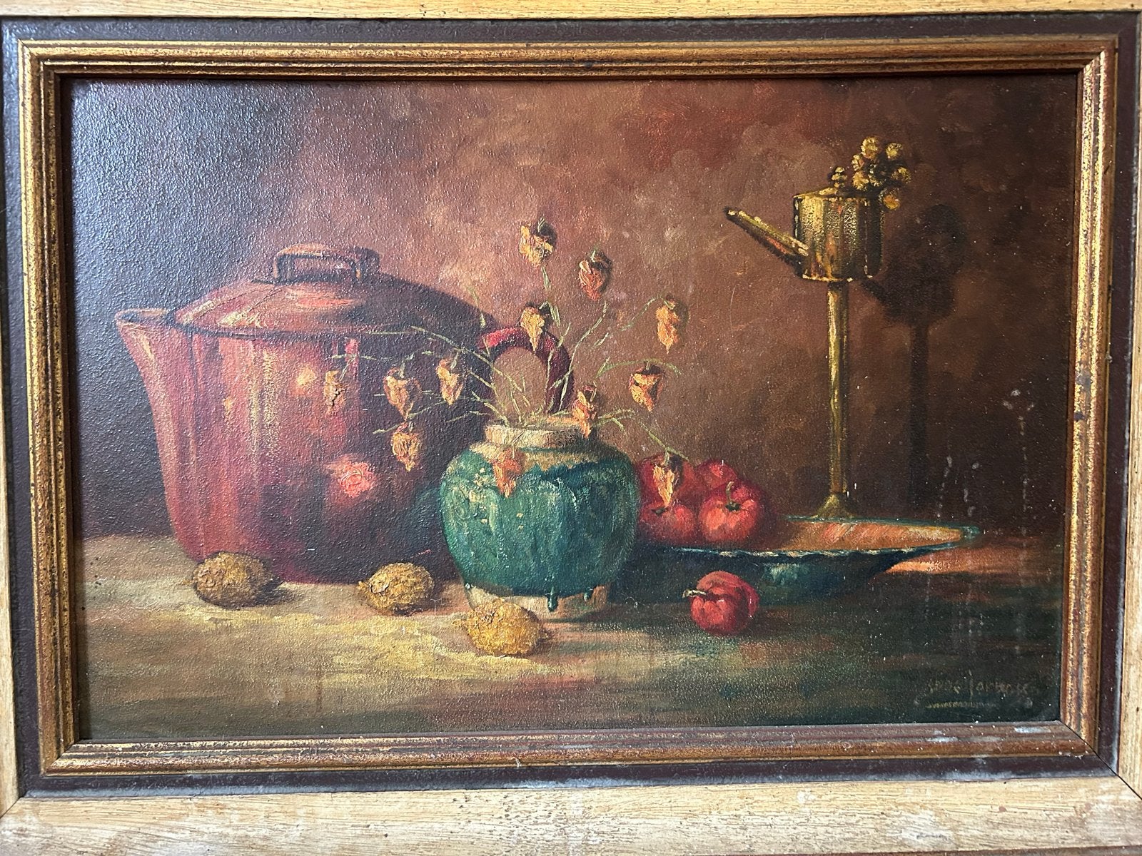 Klassiek stilleven met pot, fruit en lampionplantjes, Antiek en Kunst, Doek, Stilleven, Ophalen of Verzenden, Olieverf