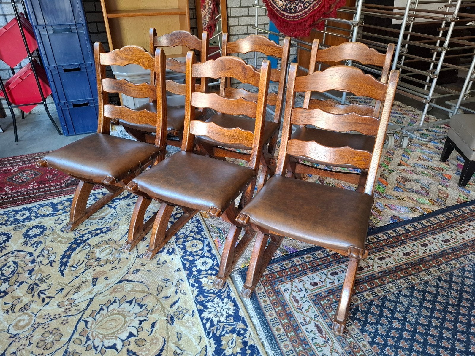 Vintage stoel stoelen 6x rustiek massief eiken leer. Lees,, Huis en Inrichting, Stoelen, Ophalen, Gebruikt, Bruin, Vijf, Zes of meer stoelen