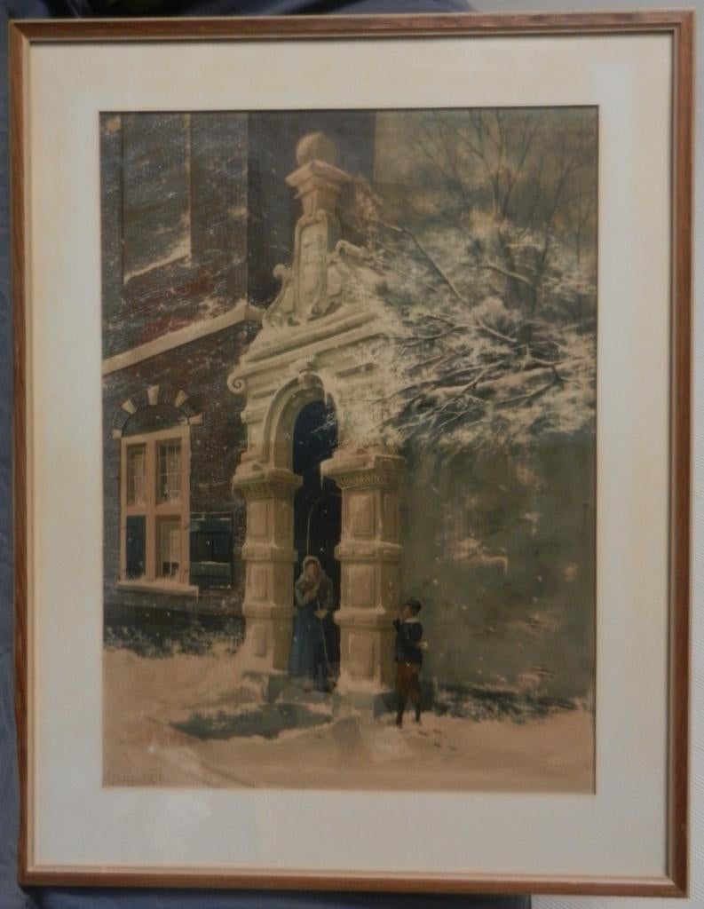 Grote aquarel Sneeuwballen gooien JC v Kampenhout (1862-1887, Antiek en Kunst, Kunst | Schilderijen | Klassiek, Ophalen of Verzenden