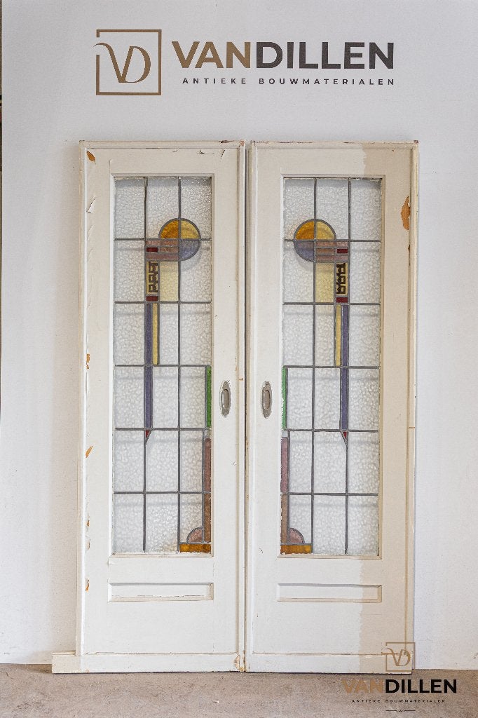 Oude ensuite schuifdeuren met art deco glas in lood motief, Doe-het-zelf en Verbouw, Deuren en Horren, Gebruikt, 120 cm of meer