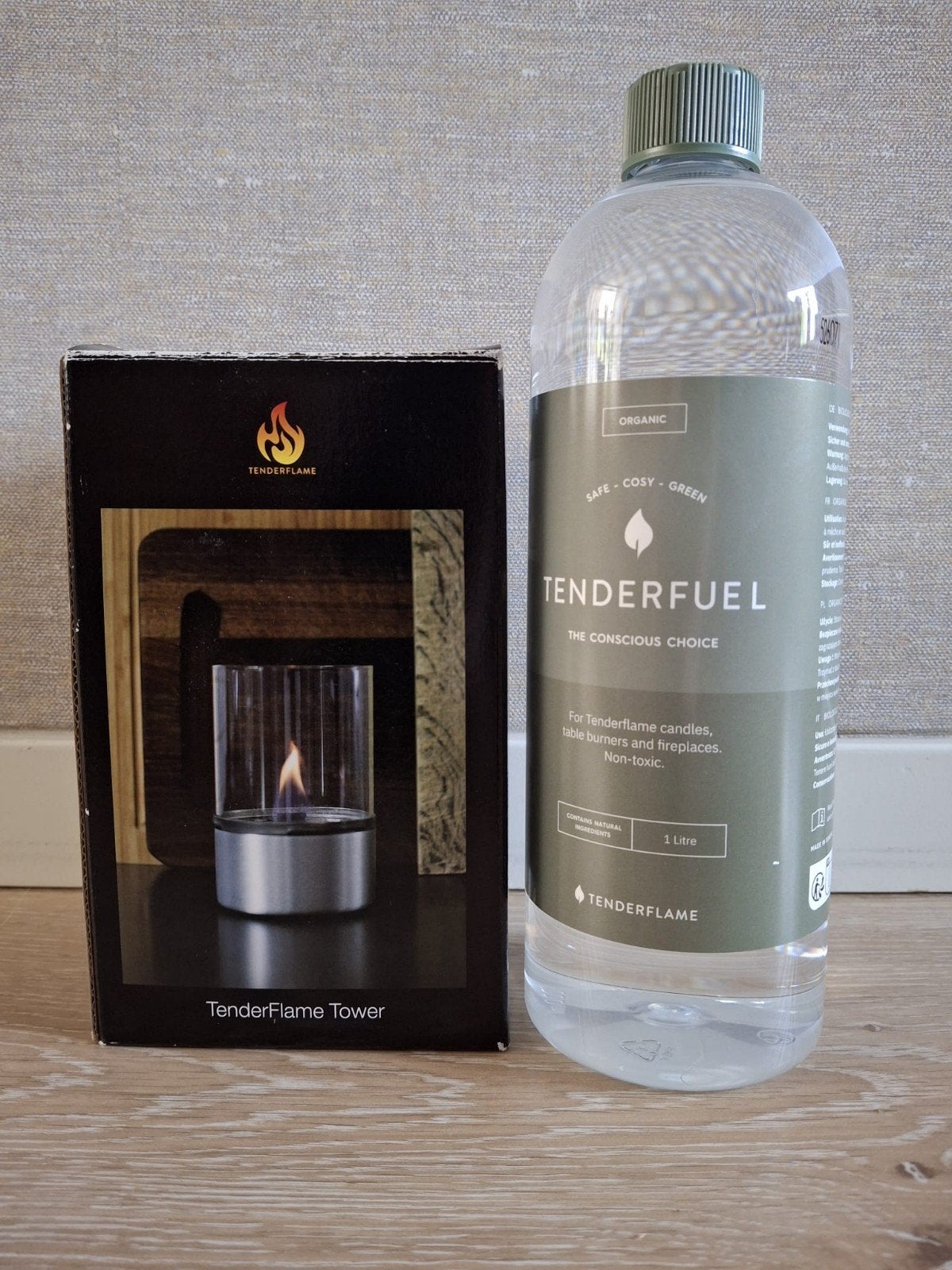 TenderFlame Tower met Tenderfuel 1 liter, Ophalen, Zo goed als nieuw, Vrijstaande haard, Gelhaard