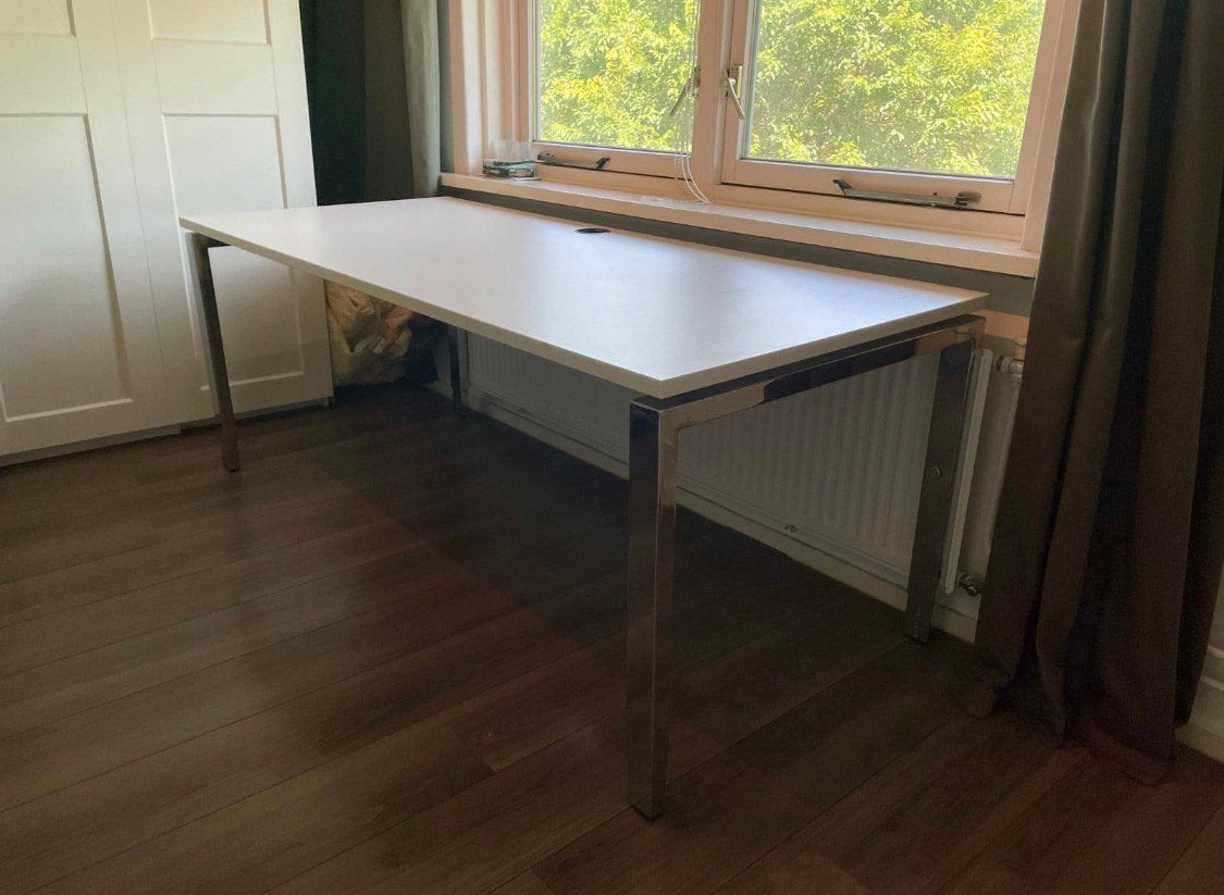 Gispen Bureau 180x80 cm Wit met Chromen Poten Verstelbaar, Gispen, 180 cm, Ophalen of Verzenden, In hoogte verstelbaar