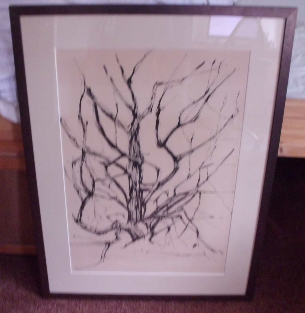 Abstracte pentekening  van Boomstronk ,, Ophalen, Tekening, Pentekening, Met ophangsysteem