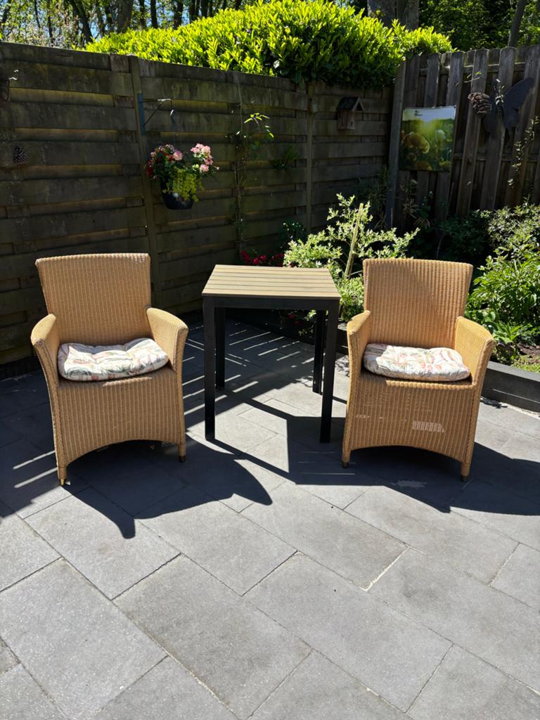 Tuinset: 2 Lloyd Loom stoelen en tafel met kleine beschadigi, Ophalen, Gebruikt