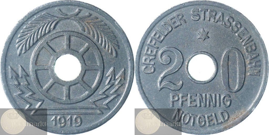 Duitsland - Krefeld Noodgeld 20 Pfennig 1919 'Crefelder', Postzegels en Munten, Munten | Europa | Niet-Euromunten, Ophalen of Verzenden