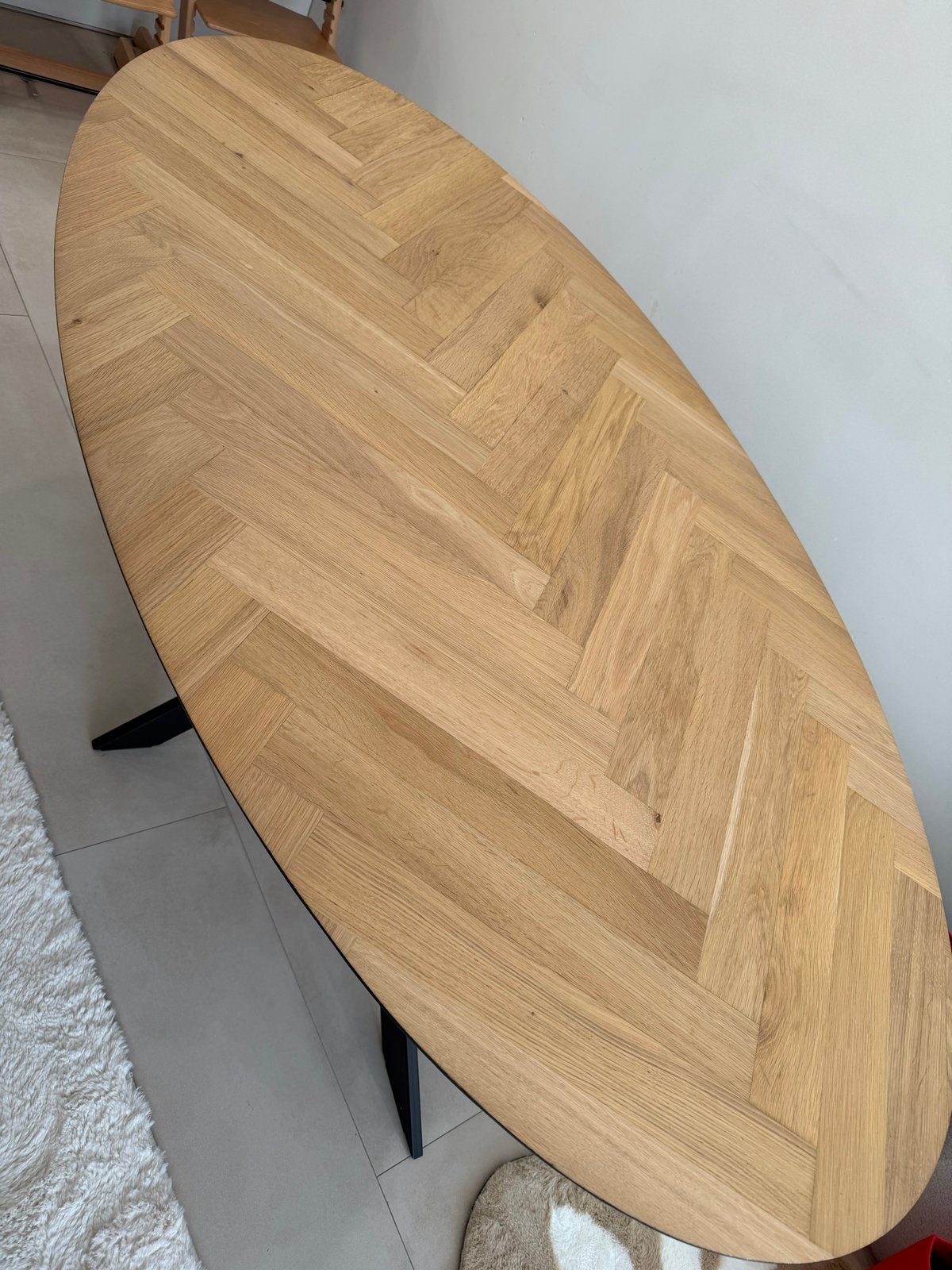 Kas20 Ovale eettafel 180x100 visgraat en metalen onderstel, Ophalen, 100 tot 150 cm, Eikenhout, Zo goed als nieuw