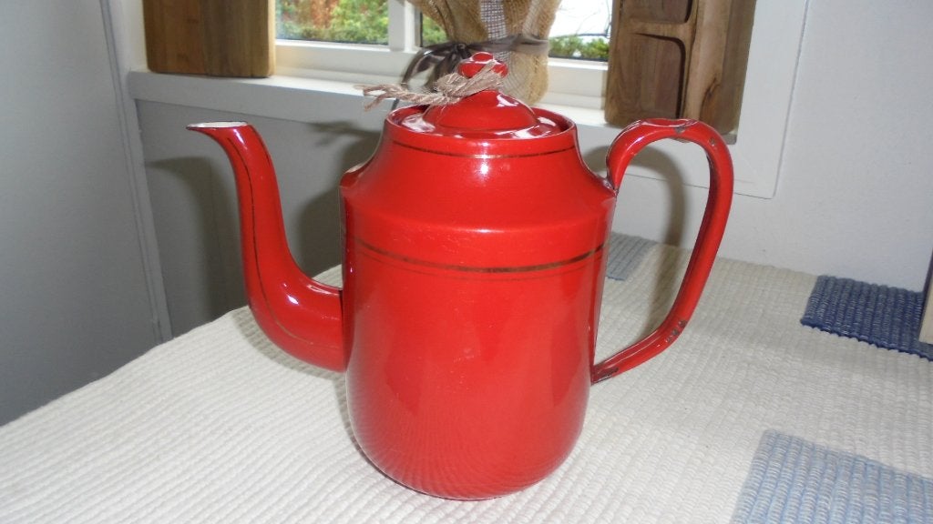 rood emaille koffiekan met bies H20cm, Ophalen