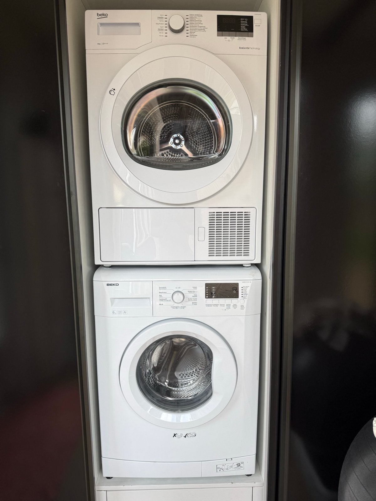 SET : Beko Wasmachine WMB61431M & Beko Droger DH8733GA0, 6 tot 8 kg, Ophalen, Gebruikt, Minder dan 85 cm