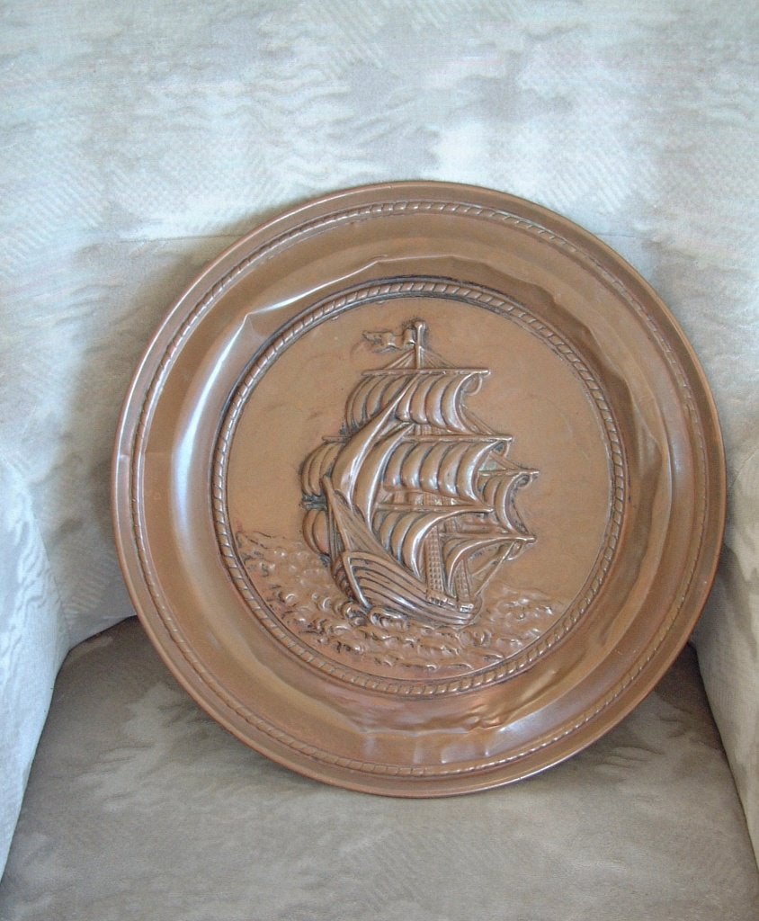 oud koperen koper wandbord met schip doorsnee 40 cm, Ophalen of Verzenden, Gebruikt