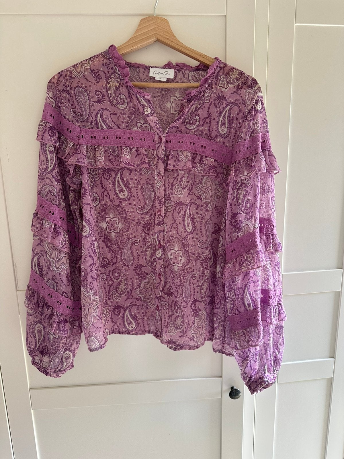 Paarse blouse met print maat L - Cotton Club, Ophalen of Verzenden, Zo goed als nieuw, Maat 42/44 (L), Paars